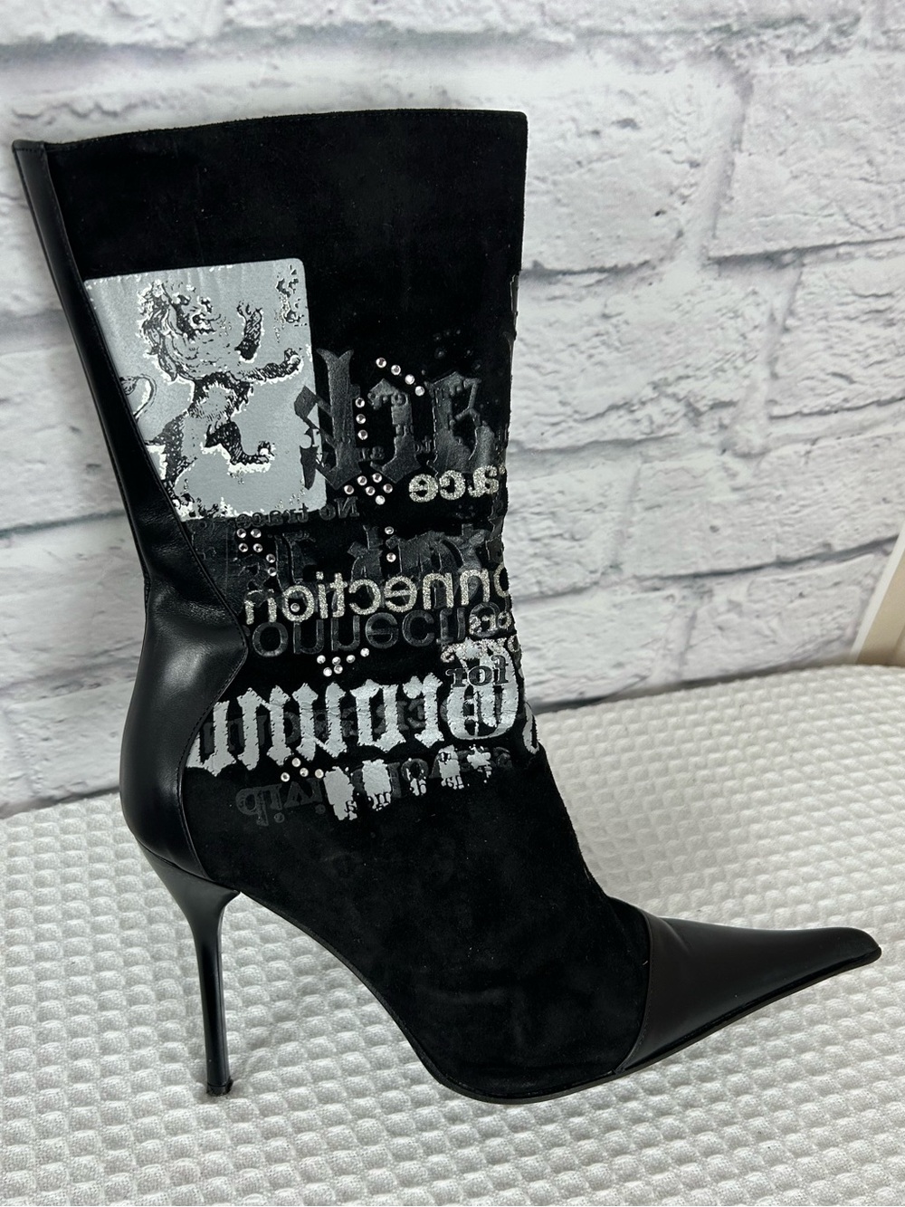 Giuliano Venanzi Italy Black Suede Leather Graphic Stiletto Boots EU 37